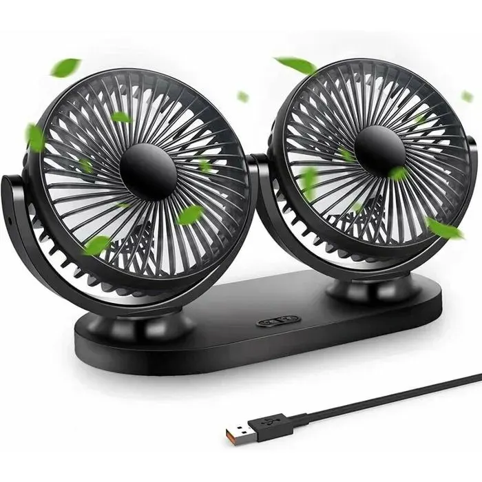Ventilateur USB - KZQ - Double tête rotatif 360° - 3 vitesses - Portable - Idéal camping/pêche