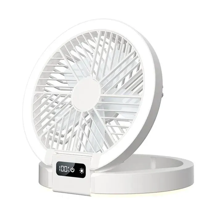 Ventilateur USB pliable portable avec lumière LED 5 vitesses silencieux mural ou de table batterie rechargeableblanc