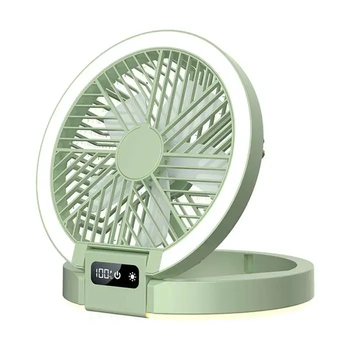 Ventilateur USB pliable portable avec lumière LED 5 vitesses silencieux mural ou de table batterie rechargeable vert