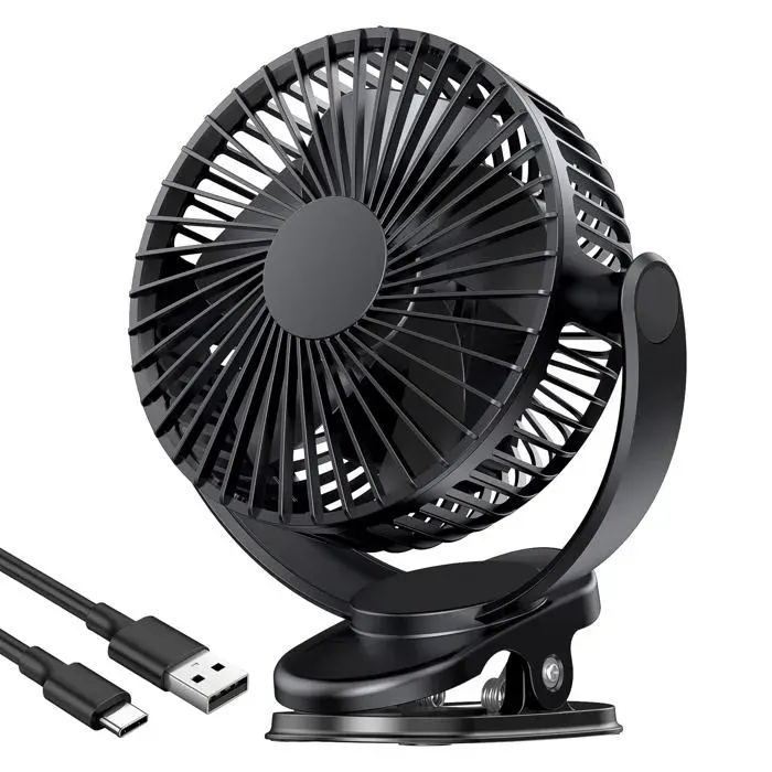 Ventilateur USB portable 5 5000 mAh – clip tête rotative 360° 3 vitesses noir