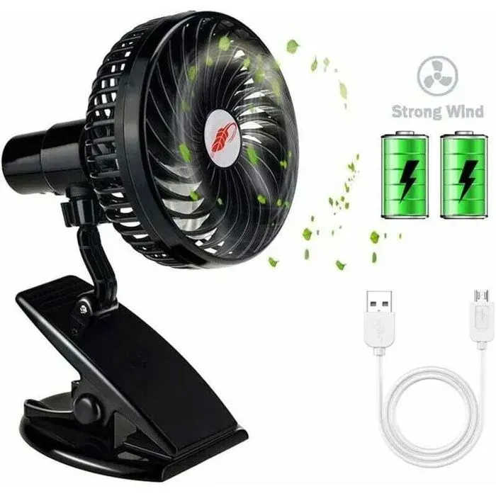 Ventilateur USB Portable avec Pince - Batterie Rechargeable Incluse - Idéal pour Bureau Lit Poussette Camping Voyage