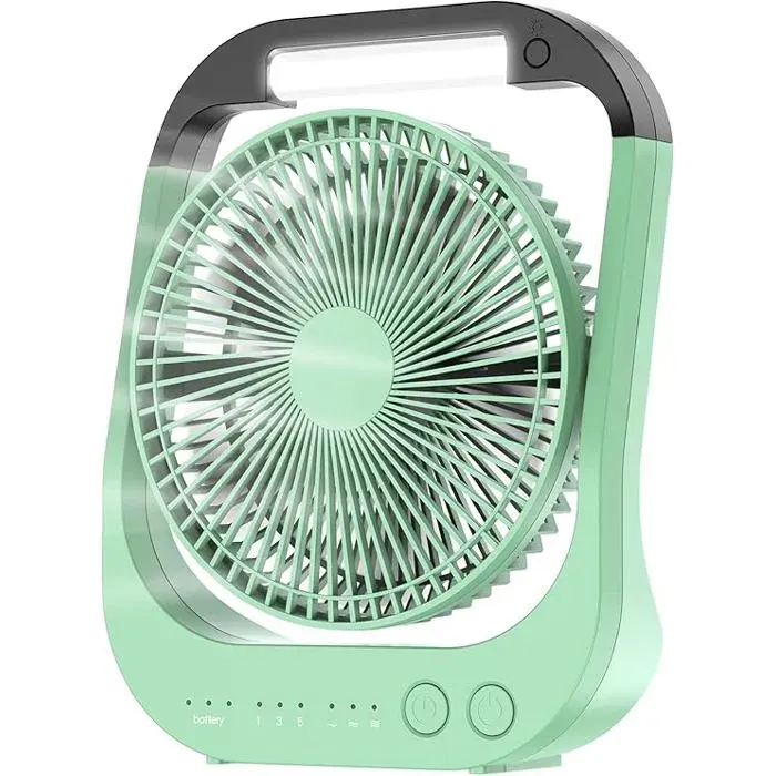 Ventilateur USB rechargeable – Batterie 10000 mAh 4 vitesses pivotant 180° lumière LED minuterie – pour camping randonnée