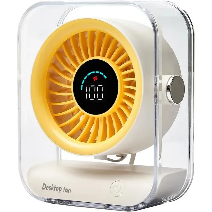 Ventilateur USB Rechargeable Ultra-Silencieux Affichage Numérique Vitesse 0-100 % Portable Jaune