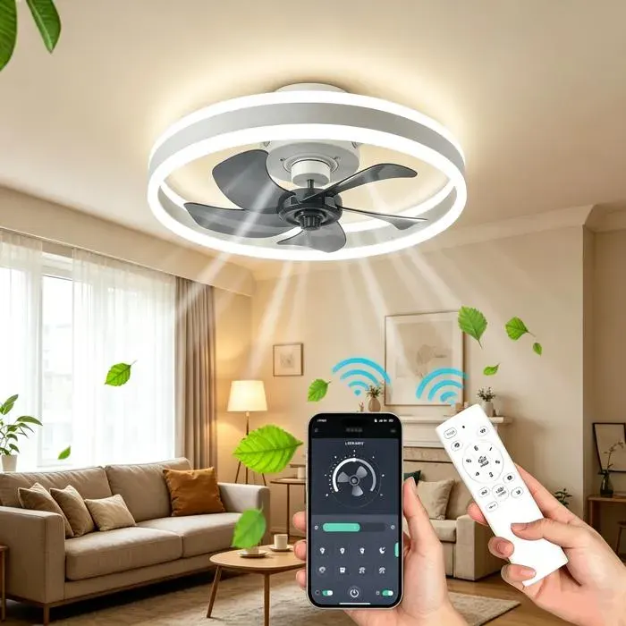 Ventilateurs de Plafond avec Lumières et Télécommande - 6 vitesses - Minuterie - Silencieux - 5 pales feuilles — coloris Noir