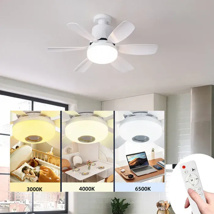 Ventilateurs de plafond avec lumières et télécommande3 vitesses Lampe E27 Ventilateu de Plafond Silencieux pour SalonBlanc