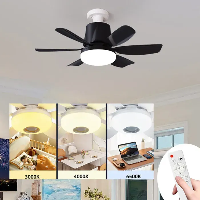 Ventilateurs de plafond avec lumières et télécommande3 vitesses Lampe E27 Ventilateu de Plafond Silencieux pour SalonNoir