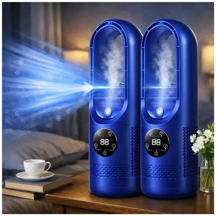 Ventilateurs Sans Pales Lot 2 - Puissant Silencieux Portable - 6 vitesses LED 7 couleurs rechargeable - Chambre bureau voyage - Bleu