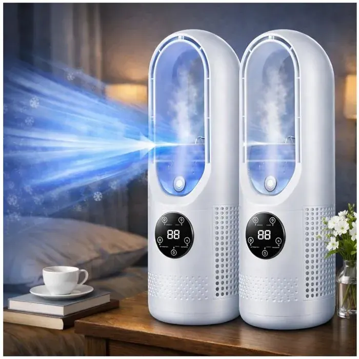 Ventilateurs Sans Pales Lot 2 - Puissant Silencieux Portable - 6 vitesses LED 7 couleurs rechargeable - Chambre bureau voyage- Blanc