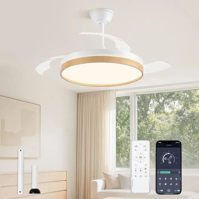 Ventiteur de Pfond avec Lumière 107cmLampe Ventiteur Techo à Pales RétractablesMoteur DC SilencieuxBois VENTILATEUR DE PLAFOND