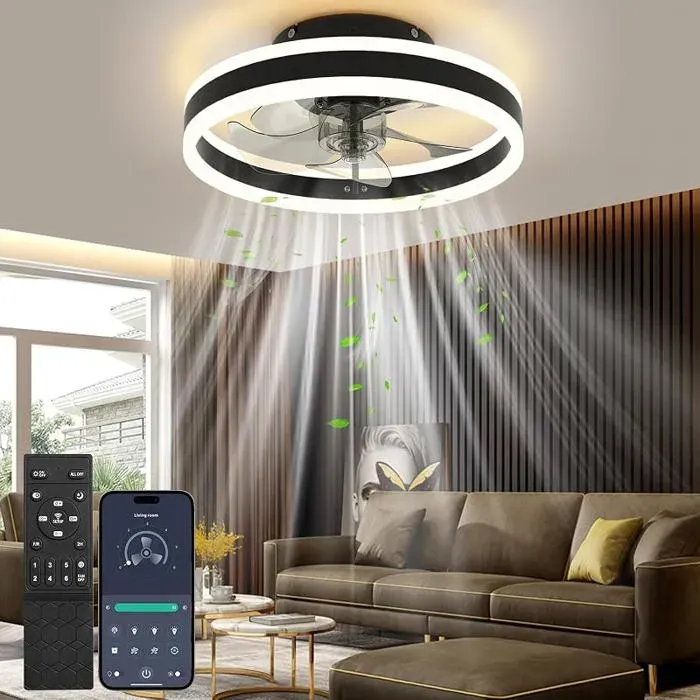 Ventiteur de Pfond40cm Ventiteur Pfond avec Lumiere Silencieux6 vitesses deintensité variableNoir 40*17c VENTILATEUR DE PLAFOND