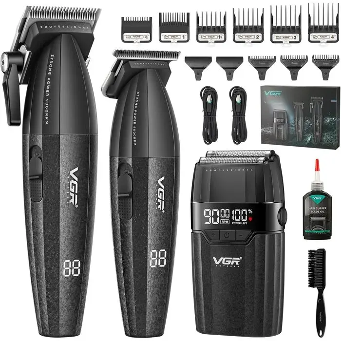 VGR 640 S3 Tondeuse cheveux sans fil kit 3-en-1 — céramique 9 sabots 250 min USB-C LED Noir