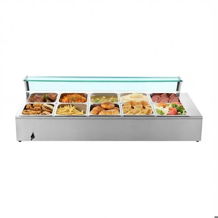 Vidange facile chauffe-plat électrique bain-marie inox 1700 W avec 10 bacs 1/2 pour buffet libre-service