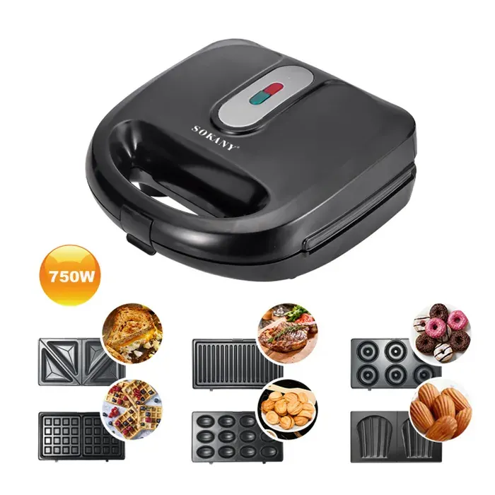 VINTEKY® Gaufrier Multifonction Croque Monsieur Machine à Sandwich Gaufrier 6 en 1 Grille de Contact 750W Noir