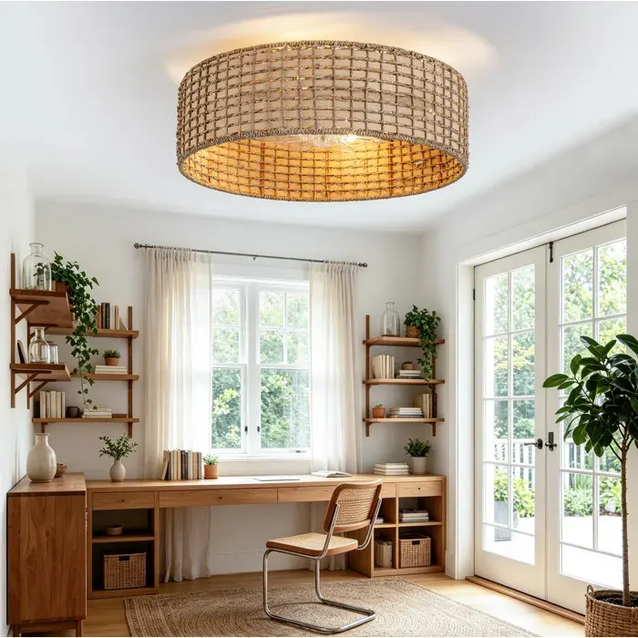 VUENOR plafonnier ventilateur en rotin 50 x 50 x 20 cm marron avec télécommande