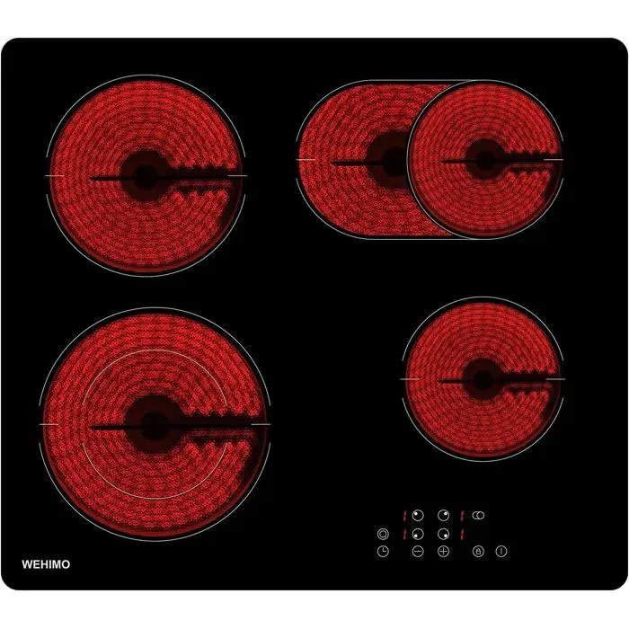 WEHIMO Plaque de Cuisson Vitrocéramique 4 Feux 7200W 9 Niveaux de Température Sécurité Enfant Minuterie de 1 à 99 Minutes