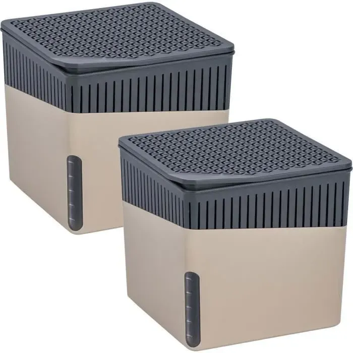 WENKO Déshumidificateur CUBE Lot de 2 Absorbeur Humidité & Odeurs pour cube 1000g Salle de Bain Chambre - 50m² Beige