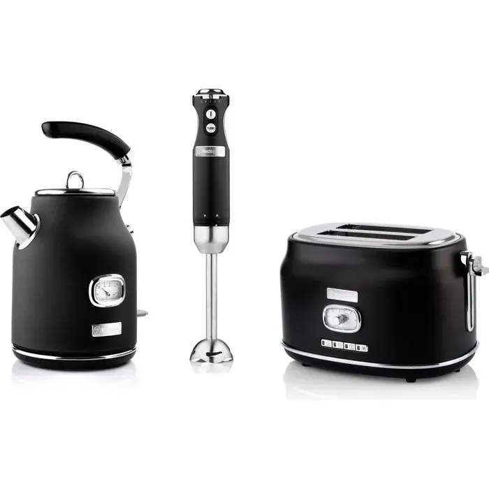 Westinghouse Retro Set 3 pièces bouilloire 17 L grille-pain 2 fentes et mixeur plongeant Noir