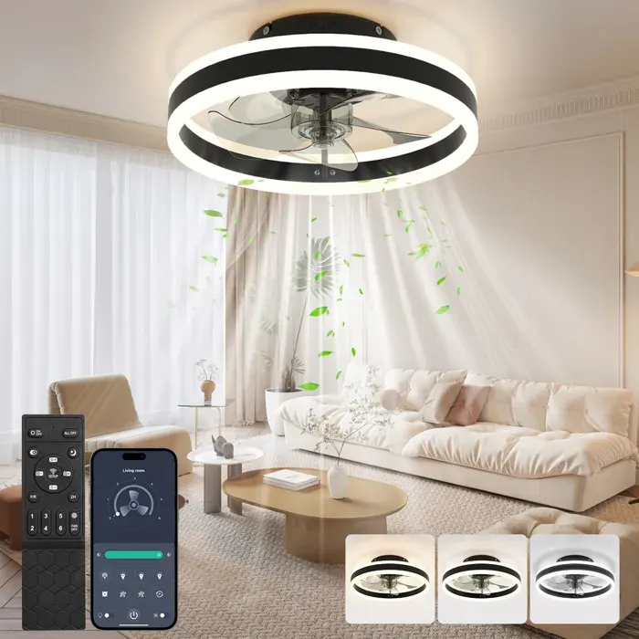 ®WHD© Ventilateur-Plafonnier 50cm 3 Lumières & 6 Vitesses Silencieux Éco-Énergétique Télécommande/App - Salon/Chambre/Cuisine/Bureau
