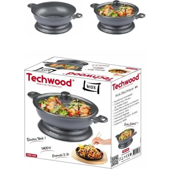 Wok électrique Noir 1500W Revêtement antiadhésif Contenance 3.6 L