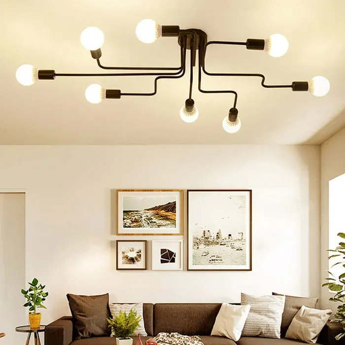 WOTTES Lustre Plafonnier Industriel - 8 lumières E27 Éclairage Lampe de Plafond en Metal Noir - Retro Lampe pour Salle à Manger