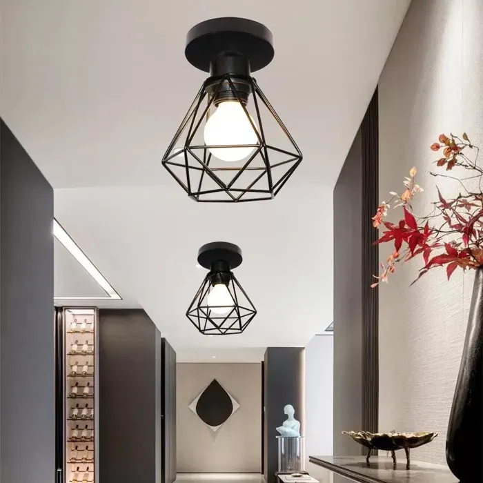 WOTTES Plafonnier Industrielle Cage Ø16cm Lustre Suspension en Métal Fer Luminaire pour Chambre Cuisine Couloir Noir 2PCS