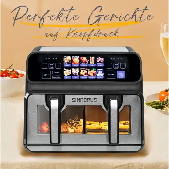 WOVREO Friteuse à air 9 L double compartiment 2200 W avec fenêtre éclairage intérieur et 10 programmes — coloris Noir