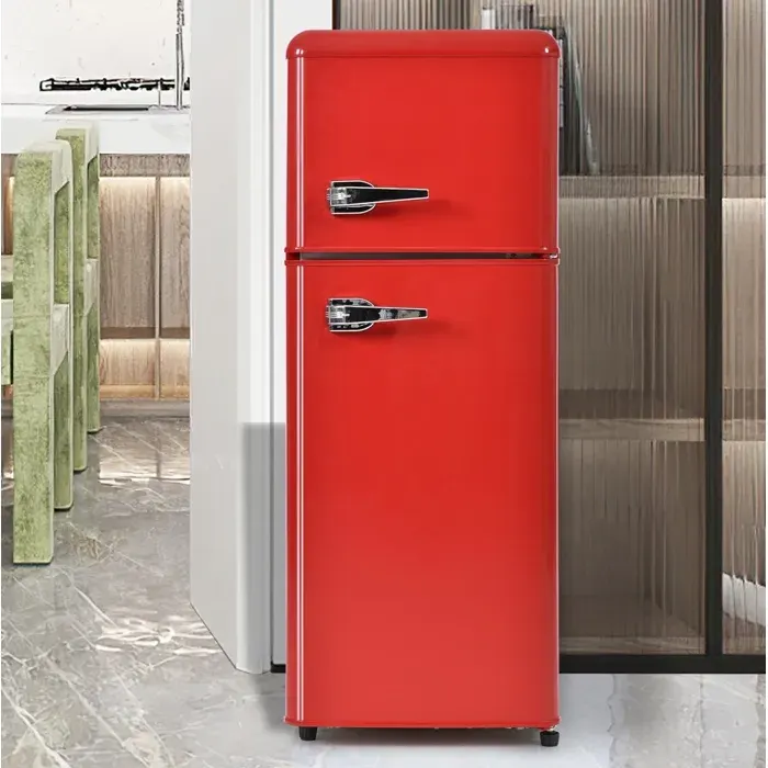 WOVREO Réfrigérateur combiné rétro double porte 92 L rouge congélateur haut 28 L pose libre LED