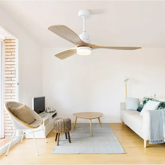 WOVREO ventilateur de plafond 132 cm avec LED 18 W dimmable 3 pales en bois moteur DC réversible blanc