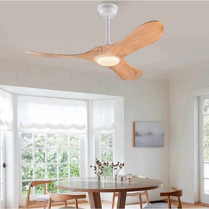 WOVREO Ventilateur de plafond 42 pouces avec éclairage LED télécommande 3 pales en bois blanc naturel