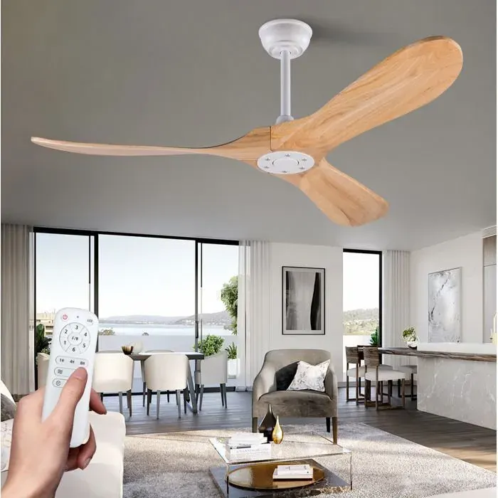 WOVREO Ventilateur de plafond 52 pouces 3 pales en bois sans lumière télécommande réversible blanc et naturel