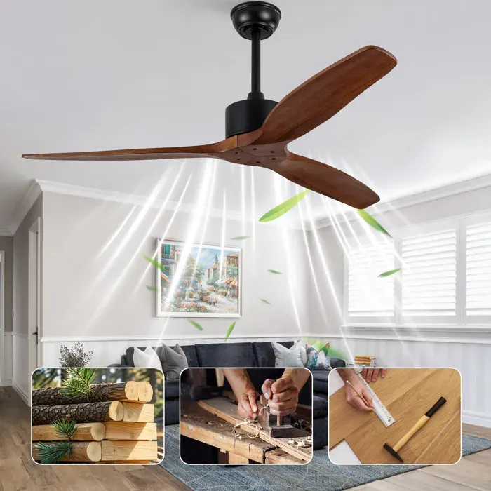 WOVREO Ventilateur de plafond 52 pouces sans lumière 3 pales en bois massif noyer foncé télécommande 6 vitesses