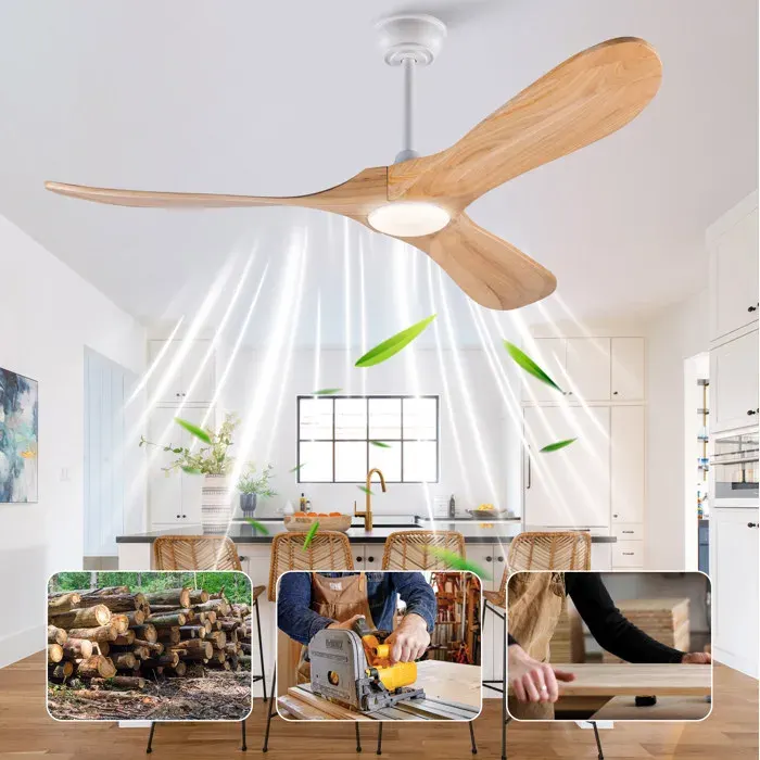 WOVREO Ventilateur de plafond avec éclairage 52 pouces télécommande LED intégrée 6 vitesses réversible Bois Blanc