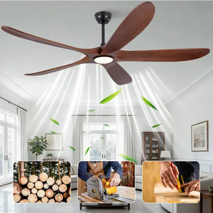 WOVREO Ventilateur de plafond avec lumière 60 pouces 5 pales en bois noyer foncé 3CCT dimmable 6 vitesses