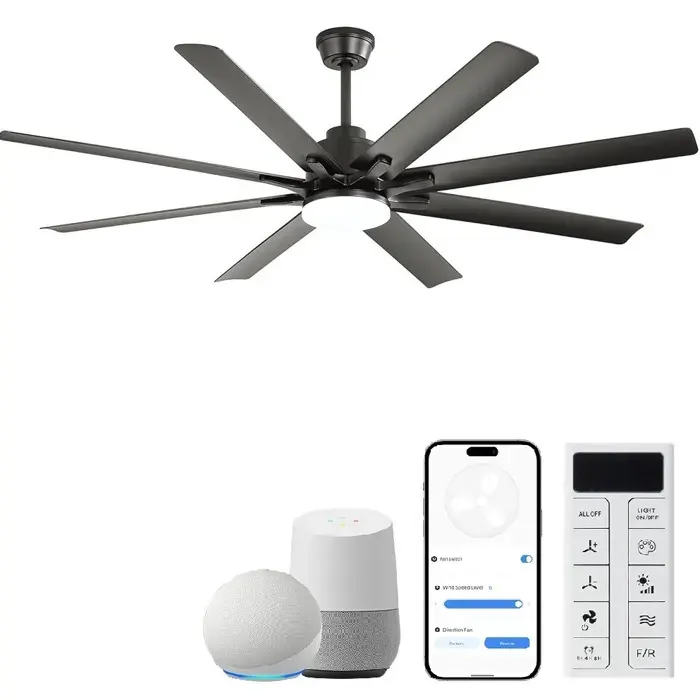 WOVREO Ventilateur de plafond intelligent 168 cm 8 pales LED dimmable moteur DC réversible télécommande noir