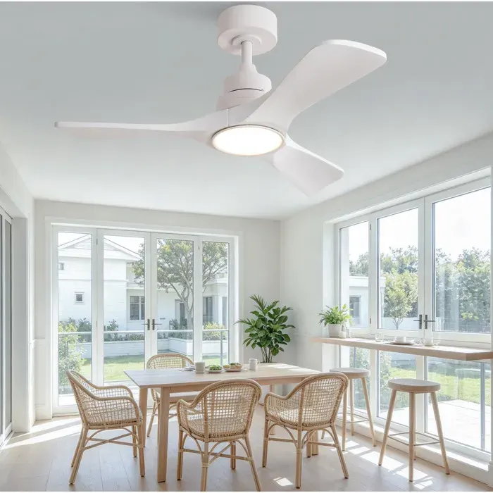 WOVREO Ventilateur de plafond LED 91 cm blanc 3 pales en bois moteur DC réversible télécommande