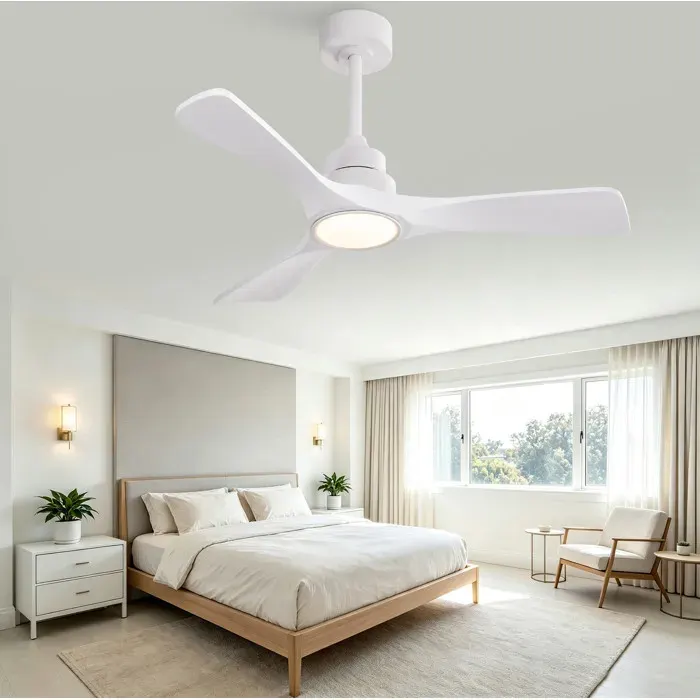 WOVREO Ventilateur de plafond LED blanc 105 cm 3 pales en bois moteur DC réversible télécommande