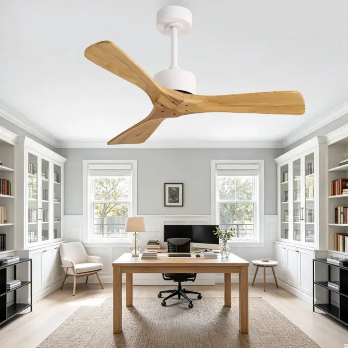 WOVREO Ventilateur de plafond sans lumière 42 pouces pales en bois massif télécommande moteur DC réversible blanc