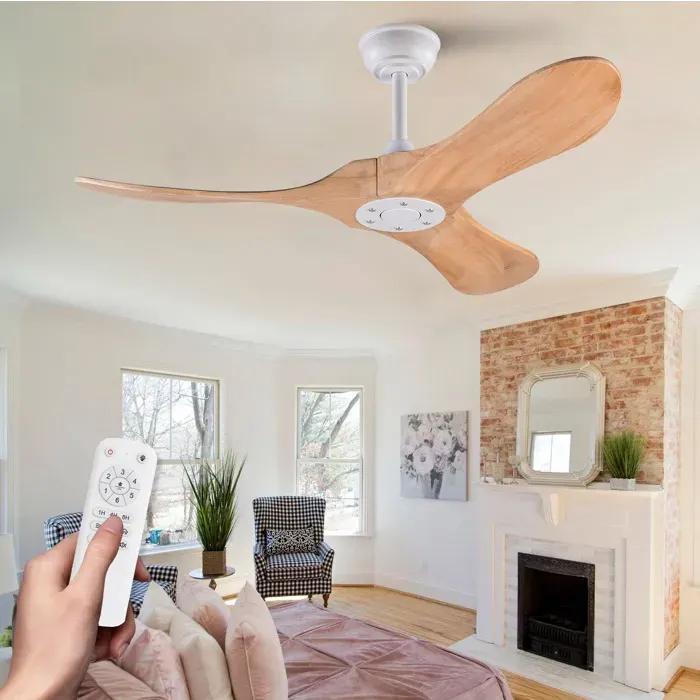 WUVRIE Ventilateur de plafond 107 cm sans éclairage 3 pales en bois naturel télécommande moteur DC réversible