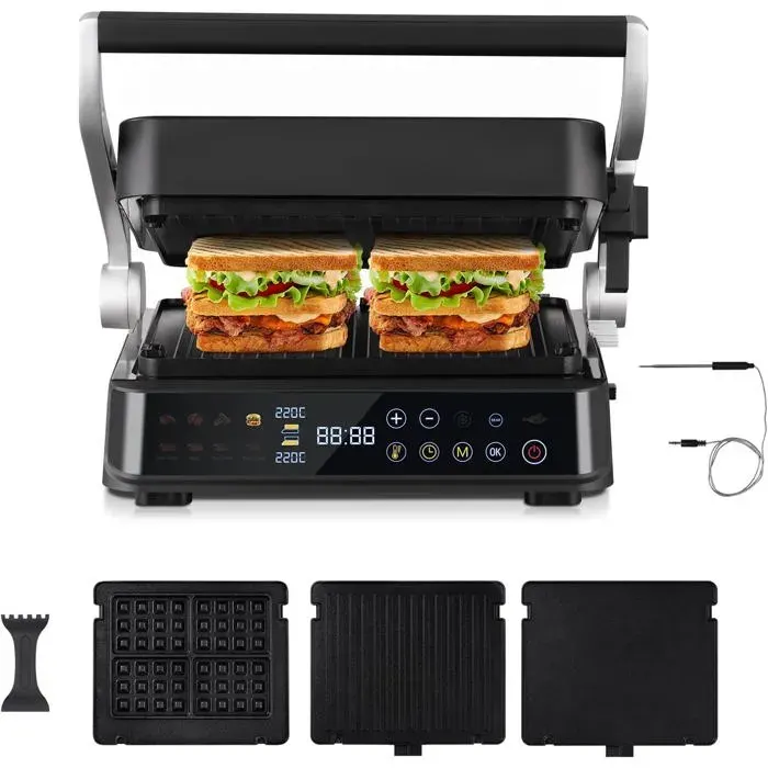 Xl Grill De Contact 4-En-1 Avec Capteur De Température & Grillboost 280 °C – Grill Électrique 2000 W Avec 6 Programmes