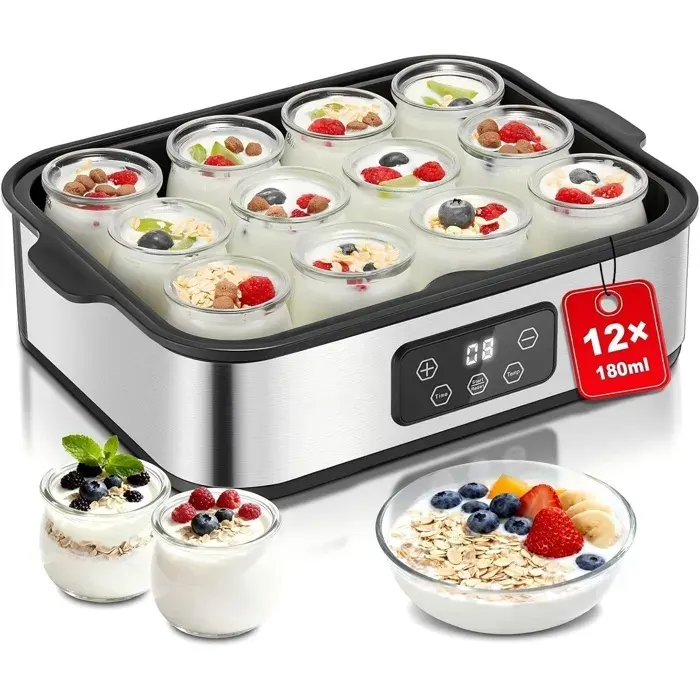 Yaourtière 12 Pots 180ML 25W Machine à Yaourt Maison Programmable Corps en Acier Inoxydable Sans BPA Arrêt Automatique