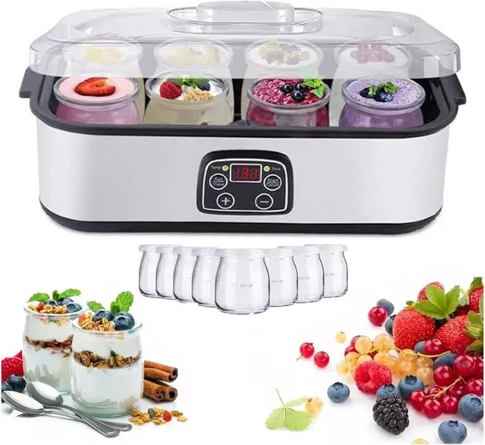 Yaourtière 8 Pots 180ml Pot en Verre avec Couvercle Yaourtière avec Écran Numérique Thermostat Réglable et Minuterie Pour