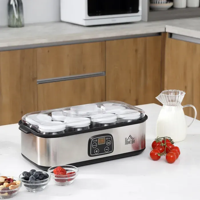 Yaourtière avec 8 pots en verre de 180ml en acier inoxydable avec minuterie thermostat réglable et affichage numérique