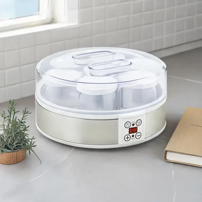 Yaourtière électrique 7 pots en verre 180 ml thermostat et minuterie réglables finition blanc