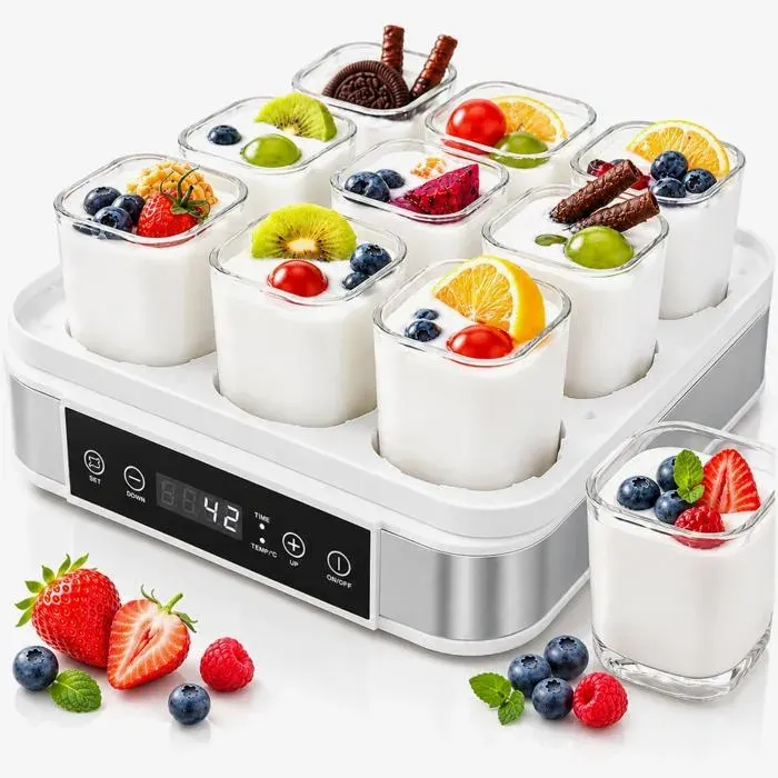 Yaourtière électrique - 9 pots en acier inoxydable de 170 ml Écran LED thermostat réglable 25-65°C et minuterie 99 h