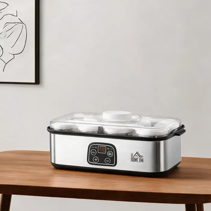 Yaourtière électrique en acier inoxydable avec 8 pots en verre et affichage numérique – Idéale pour desserts maison sains