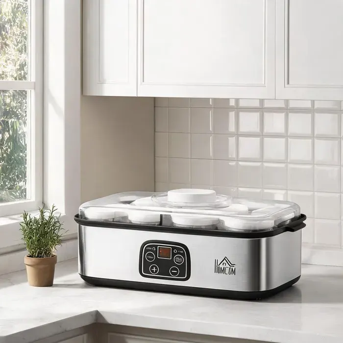Yaourtière électrique en inox et PP avec 8 pots en verre minuterie et thermostat réglables