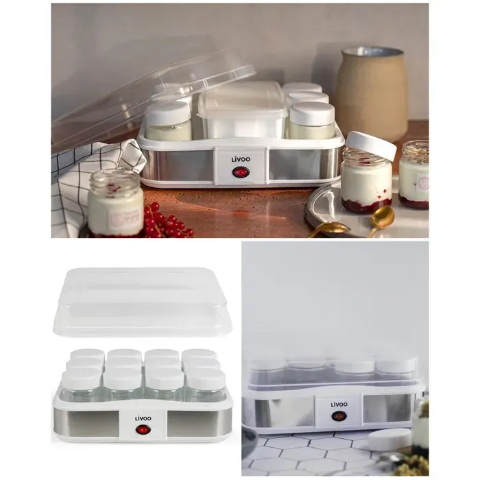Yaourtière fromagère - LIVOO - WDOP156 - 12 pots verre 210 ml - Bac égouttoir 12 L - Programmable 215 W — coloris Blanc