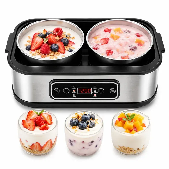 Yaourtière grecque 2L avec 2 gobelets en acier inoxydable écran One-Touch yaourtière avec minuterie et contrôle température