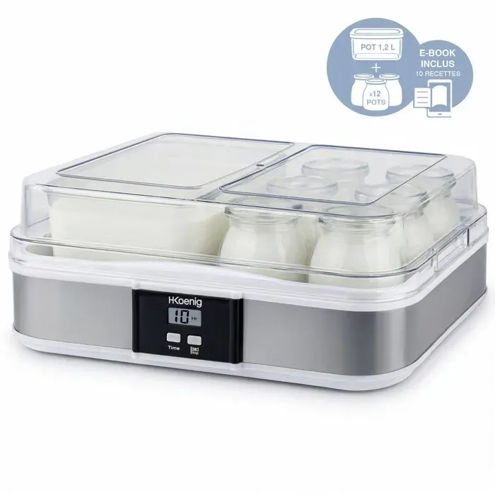 Yaourtière HKOENIG - ELY120 - Capacité 12 pots en verre de 160ml + 1 pot à fromage blanc (12L) - Programmable jusquà 15h - 15W