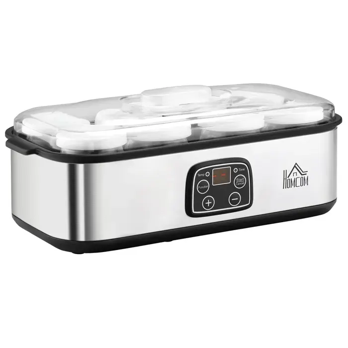 Yaourtière - HOMCOM - 8 pots verre 180 ml machine yaourt électrique minuterie numérique - inox - gris